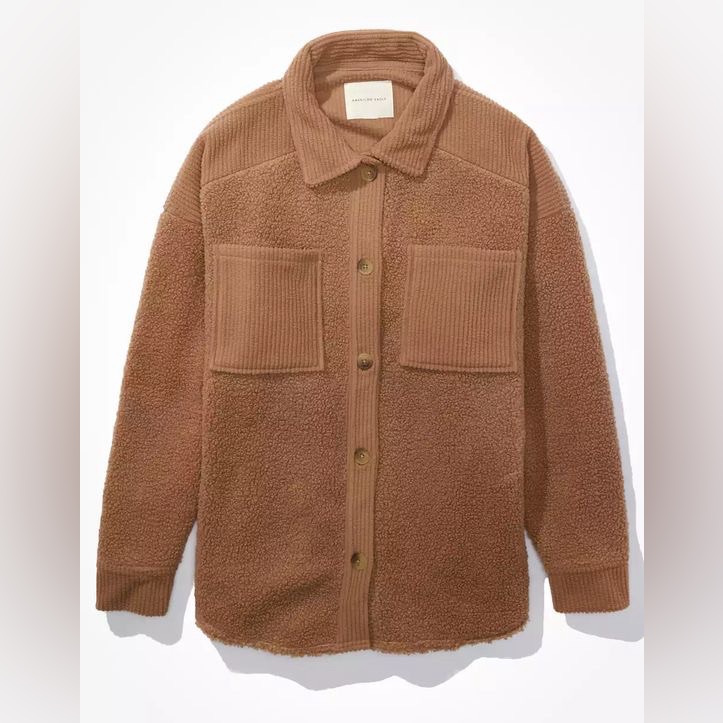American Eagle Oversized Cozy Sherpa Shacket Brown Size Large